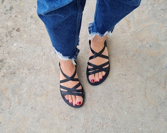 Handmade Black Leather Gladiator Sandals: Strappy Summer Flats
