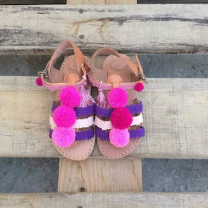 Greek sandals for kids, Leather Handmade sandals, boho sandals, girls shoes, summer flats, pom pom beach sandals, baby shower gift, buckle