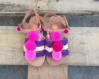 Greek sandals for kids, Leather Handmade sandals, boho sandals, girls shoes, summer flats, pom pom beach sandals, baby shower gift, buckle