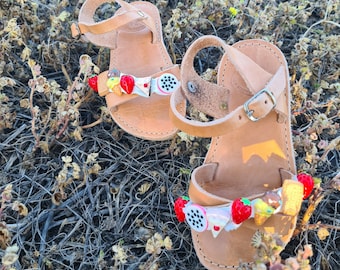 Leather decorated Sandals for Kids, handmade Fruits Sandals, Greek sandals, Summer Flats, Leather Sandals, Girls Sandals,Colorful decoration