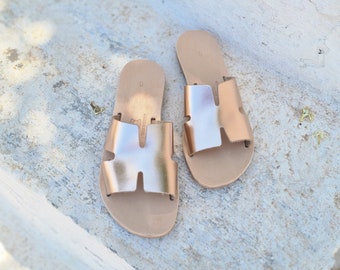 Handmade Gold Leather Sandals, rose gold Flip flops, Summer Shoes, Bridesmaid Gift, Wedding Gift, Beach shoes, roman flats, women's shoes