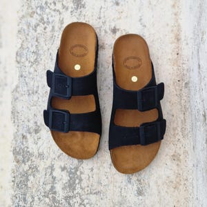 Handmade Terracotta Suede Sandals: Women's Double Strap Cork Slides Black