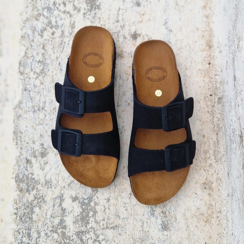 Handmade Terracotta Suede Sandals: Women's Double Strap Cork Slides Black
