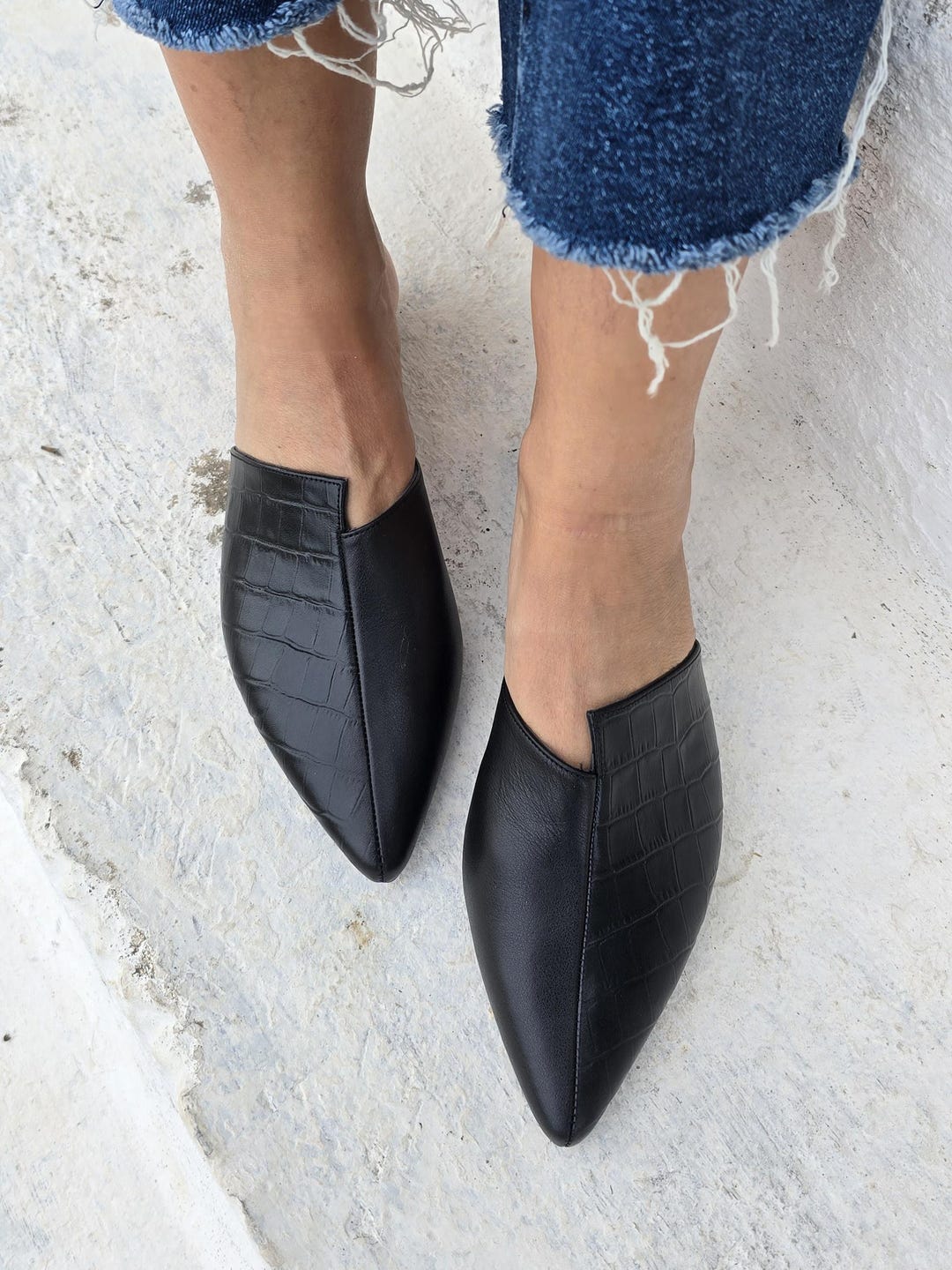 Pointy Ruber Handmade Leather Mules Shoes, Women's Mules, Black Leather, Croc ...