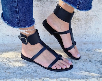 Black Leather Greek Sandals,women flat shoes, Gladiator Sandals, Beach Sandals, Summer Flats, Women Shoes, Wedding shoes, Gift, rubber sole