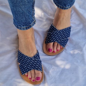 Greek leather sandals for Women, Denim Criss Cross Leather Sliders, Handmade flat leather shoes, Summer flats, Women shoes, Flip Flops