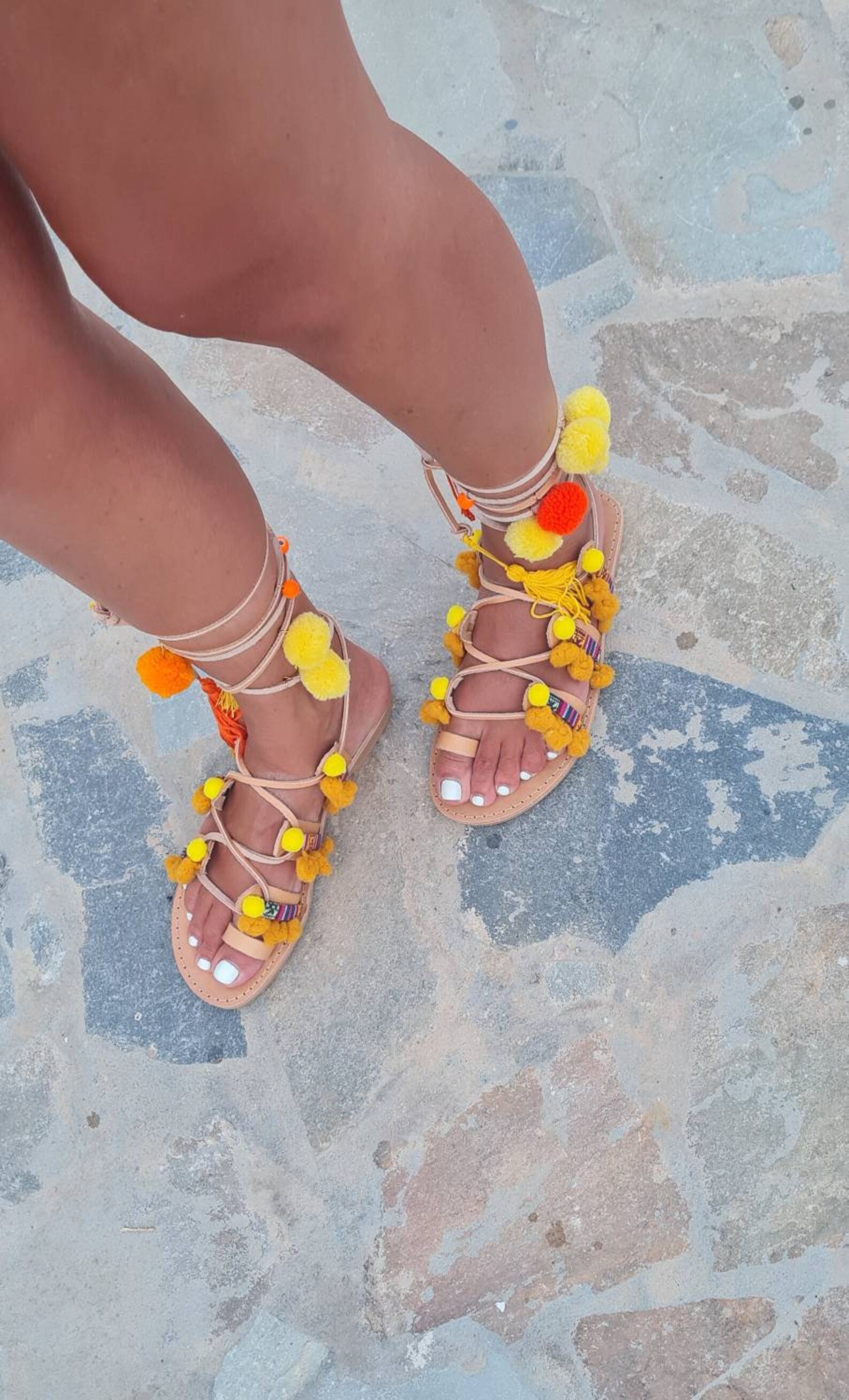 pom pom tie up sandals