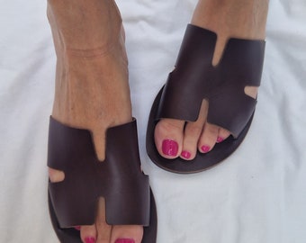 Handmade Brown Leather Sandals: Helia Flip Flops, Summer Beach