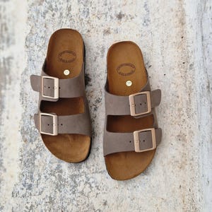 Handmade Terracotta Suede Sandals: Women's Double Strap Cork Slides Taupe