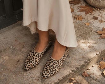 Greek Leather pointed shoes, Women's soft leather moccasins, falts handmade loafers, fashion slip on mules, leopard slippers, ballet flats