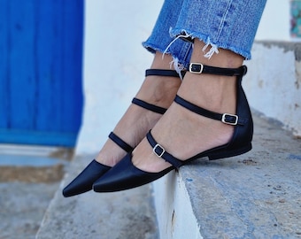 Leather strappy mules shoes, women's mules, black leather loafers, black slippers, metal buckles, slip on flats, pointy mules for women