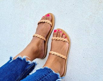 Greek Leather Braided Sandals: Handmade Strappy Summer Flats