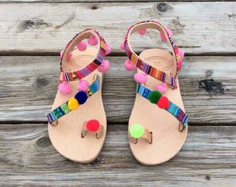 Baby pom pom sandals, Greek baby boho sandals, Baby Greek sandals, summer shoes for girls, real leather, handmade, made in greece sandals,