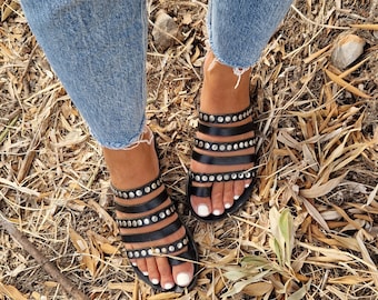 Leather Greek Sandals, Handmade sandals, Black decorated with metallic studs, summer strappy shoes, women flats, gladiators, gift, rock