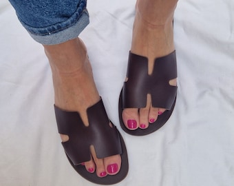 Handmade brown Leather Sandals, Helia Flip flops , Summer Shoes, Bridesmaid Gift, Wedding Gift, Beach shoes, roman flats, women's shoes