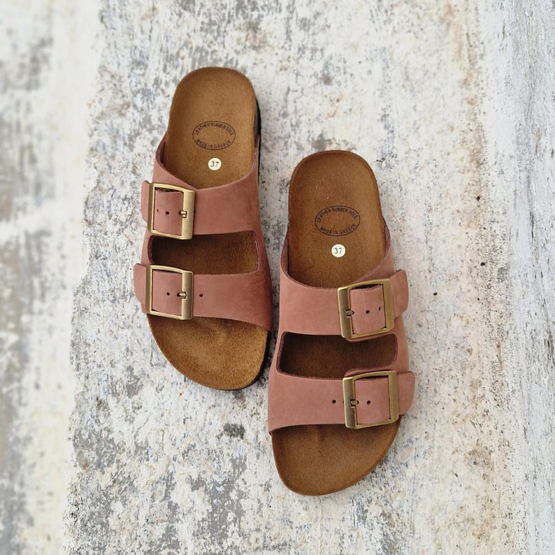 Handmade Terracotta Suede Sandals: Women's Double Strap Cork Slides Terracotta