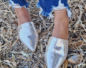 Handmade Greek leather mules in a radiant gold pattern, luxury slippers, pointy mules, pvc sole, slightly cushioned, Mother's day gift