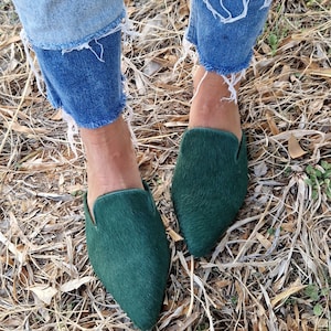 Handmade , women&#39;s mules, suede leather loafers, suede leopard like pony skin, black leather, slip on flats, pointy mules