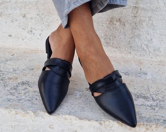 Mule shoes for women in tobacco,women's mules, leather loafers, black slippers, black leather moccasins,slip on flats,pointy mules, pvc sole