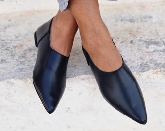 Handmade Black Leather Mules – Women's Slip-on Loafers, Pointed