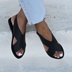 Cross over Sandals for women,Black Gladiator Sandals, Black Sandals, Greek Gladiator, Ancient summer flats, Women's Leather Sandals,Handmade image 2