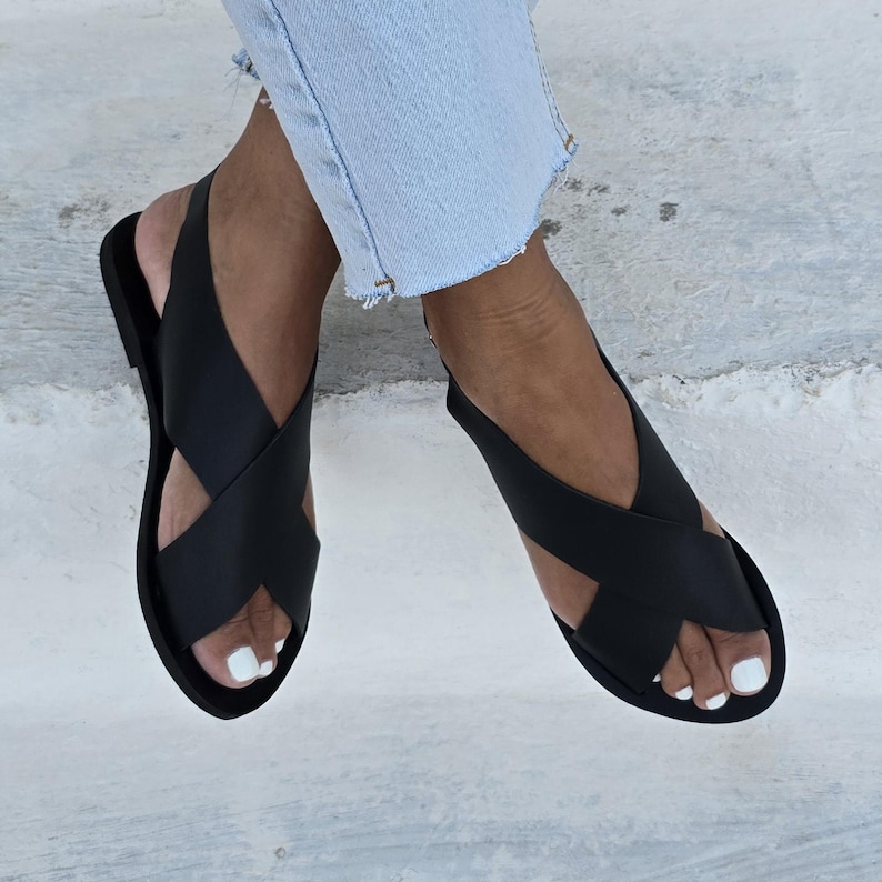 Cross over Sandals for women,Black Gladiator Sandals, Black Sandals, Greek Gladiator, Ancient summer flats, Women's Leather Sandals,Handmade image 2
