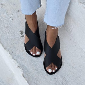 Handmade Black Leather Sandals for Women – Greek Gladiator Style, Cross Strap Summer Flats