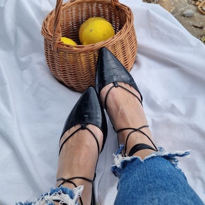 Handmade leather wrap straps mules shoes, snake print, Greek women's slippers, slip on flats, leather mule clog, slightly cushioned leather