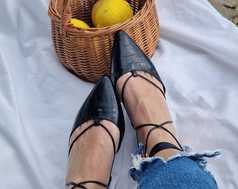 Handmade leather lace up mules shoes, snake print, Greek women's slippers, slip on flats, Mother's day gift, slightly cushioned leather sole