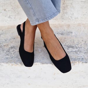 Leather mules shoes, suede women's mules, black slippers, black leather moccasins, slip on flats, square toe, buckled closure