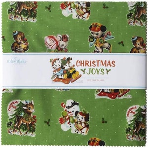 May include: A green fabric with a white label that reads "Christmas Joys" by Cottage Mama. The fabric features a variety of Christmas-themed illustrations, including a snowman, a deer, a cat, and a dog.
