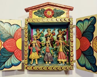 Diorama artisanal mexicain vintage en bois et argile des années 1980