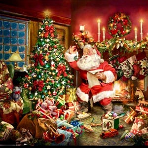 May include: A festive Christmas scene featuring Santa Claus in a red suit, surrounded by a decorated Christmas tree, gifts, and a fireplace. The room is adorned with stockings, candles, and a wreath, creating a warm holiday atmosphere.