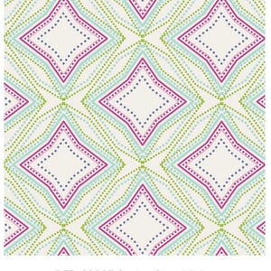 May include: A repeating pattern featuring diamond shapes in shades of violet, teal, and green on an off-white background. The diamonds are outlined with dotted lines and filled with smaller dots. The text "PEP-68207 Seeing Stars Violet" is at the bottom.