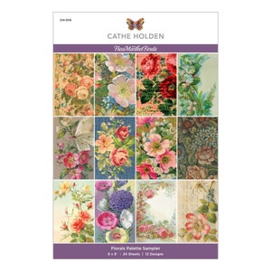 May include: A floral palette sampler featuring 12 designs. The sampler includes various floral patterns in shades of pink, red, blue, and yellow. The text "CATHE HOLDEN Flea Market Finds" is at the top. The sampler measures 6 x 9 inches.