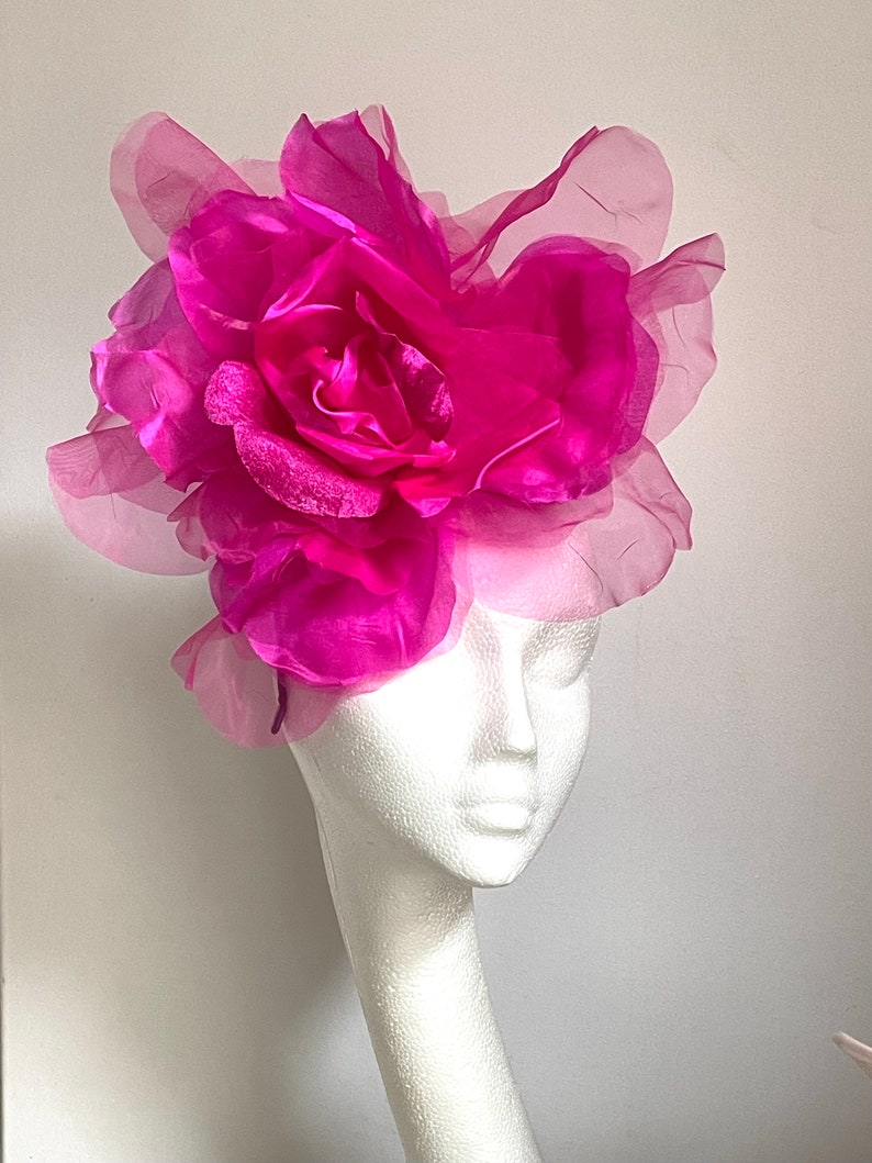 Large giant hot pink flower hat, bright pink mother of bride hat, giant flower fascinator, hot pink wedding hat, bright pink Royal Ascot hat image 1