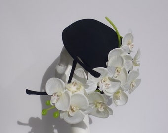 Black Felt Hat Fascinator, black White Orchid fascinator hat Wedding Ascot Derby races, white black Kentucky Derby fascinator hat, orchid