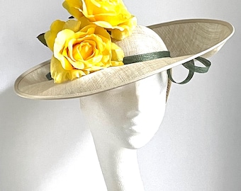 Yellow royal ascot hat, mother of the bride hat, yellow fascinator, large flower wedding hat, Kentucky Derby hat, yellow Royal Ascot hat