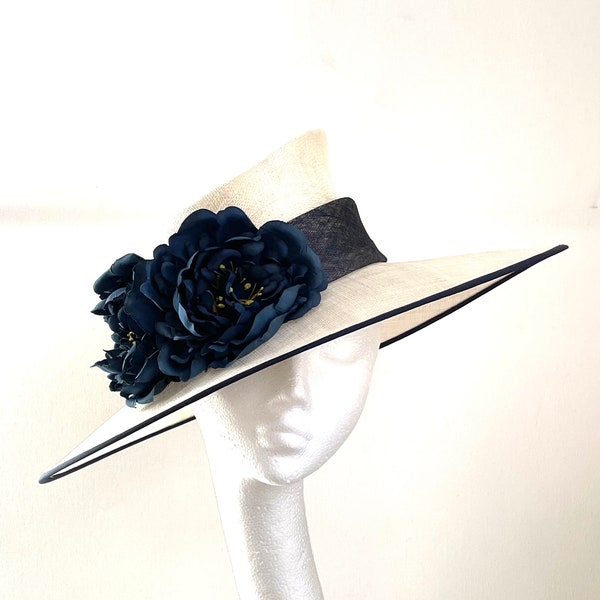 Ivory wide brim hat, white ivory mother of the bride hat, ivory navy  wedding hat, ivory navy Kentucky Derby hat, ivory navy Royal Ascot hat