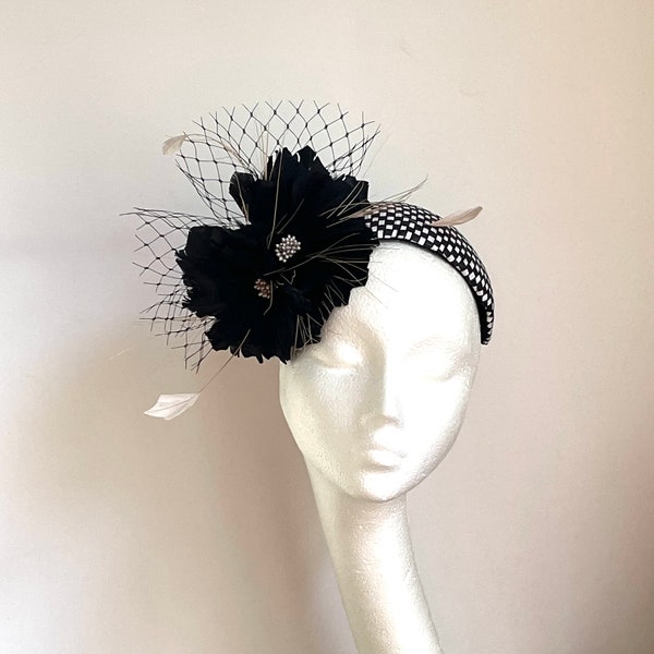 Black and white halo crown, black hat fascinator, wedding birdcage cocktail hat, Kentucky Derby hat, Royal Ascot hat, black funeral crown