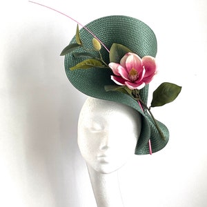 bottle green magnolia hat, forest green magnolia fascinator, green pink magnolia Wedding fascinator, green Royal Ascot hat, Kentucky hat