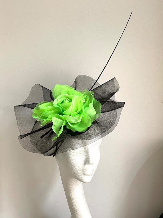 Black Sinamay Fascinator Hat with Lime Green and Yellow Floral Accents New Lime Green Sinamay Teardrop Fascinator With Mesh Flower  main image 2