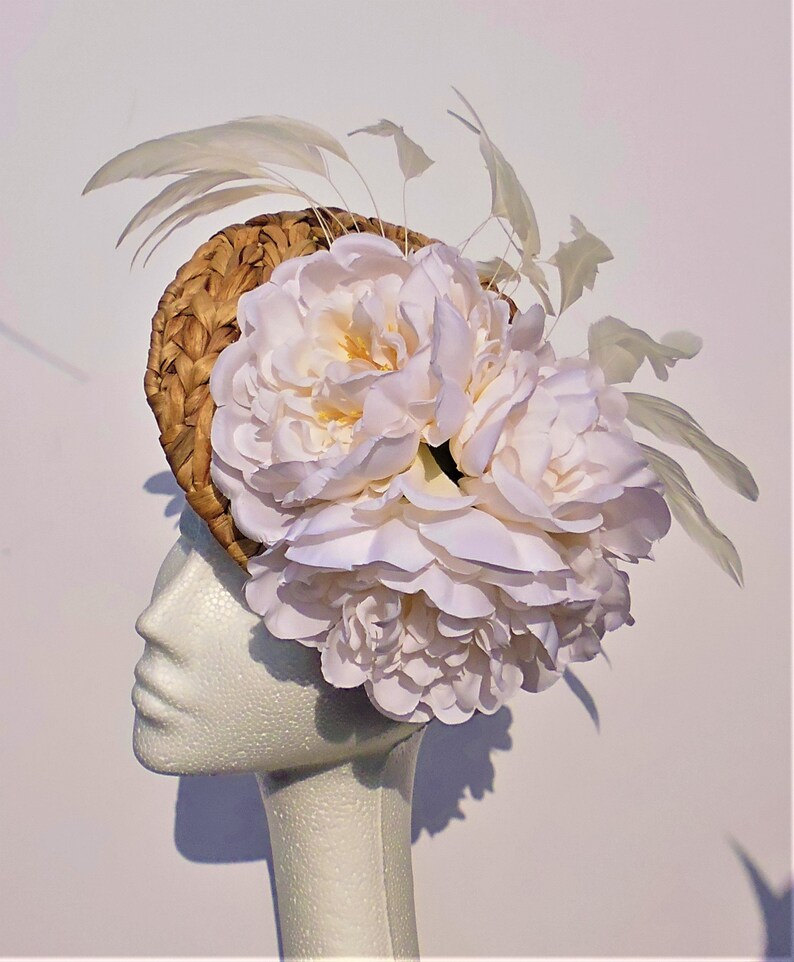 White Flower Straw Hat Straw Royal Ascot Fascinator Hat Etsy