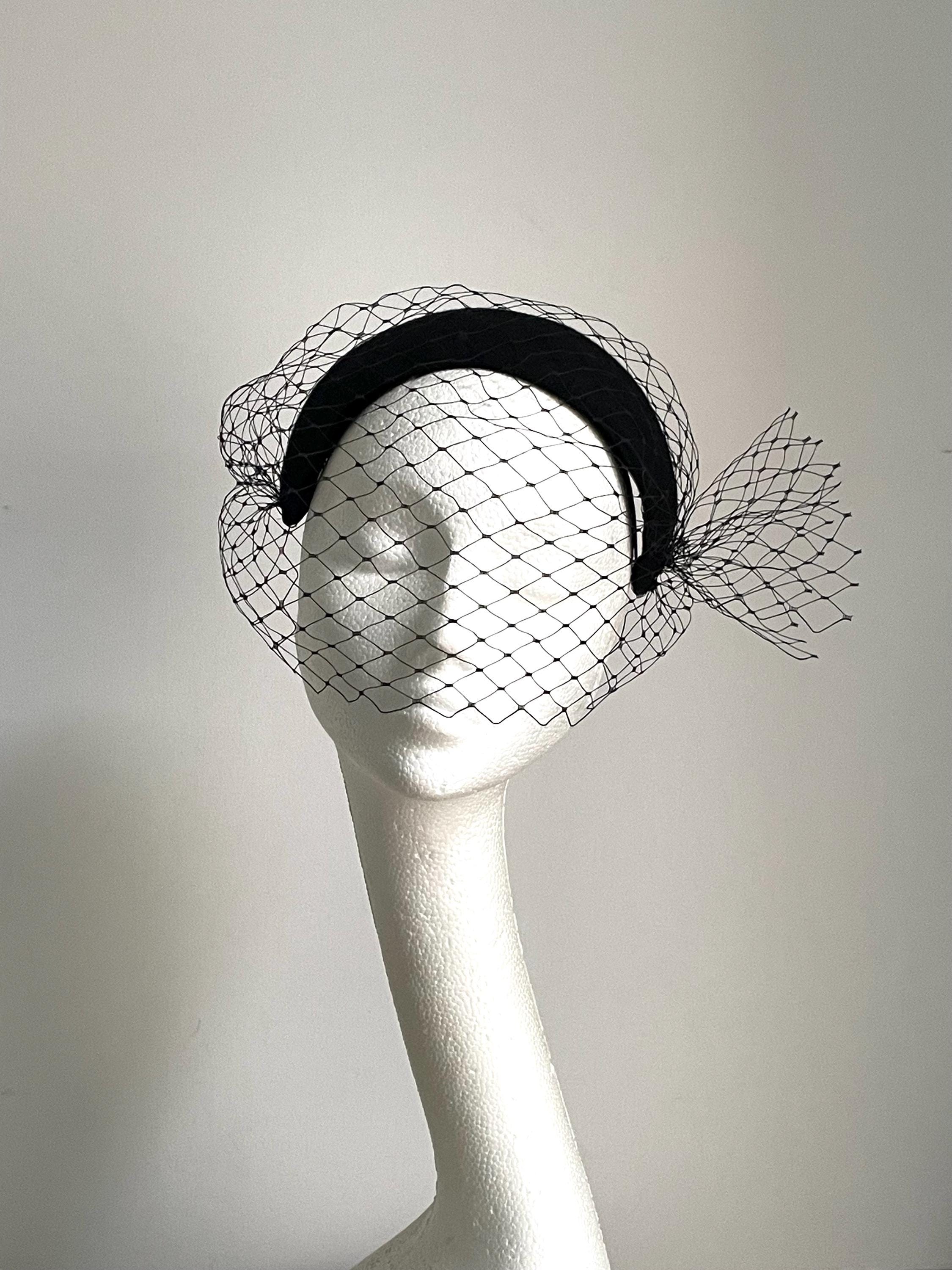 Black Felt Cocktail Hat, Merry Widow Netting Headpiece