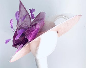 cappello da sposa rosa, fascinator rosa, cappello rosa pallido e viola, cappello per il Kentucky Derby, cappello per il Royal Ascot, cappello rosa per la madre della sposa, fascinator rosa