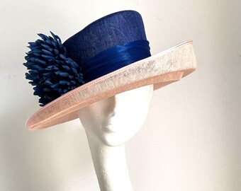 Navy Wide Brim Straw Hat With Pink Roses, Ascot Wedding  display picture 3
