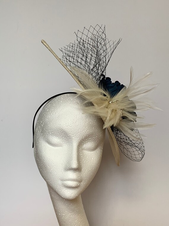 Navy Blue Cream Fascinator Hat Navy 