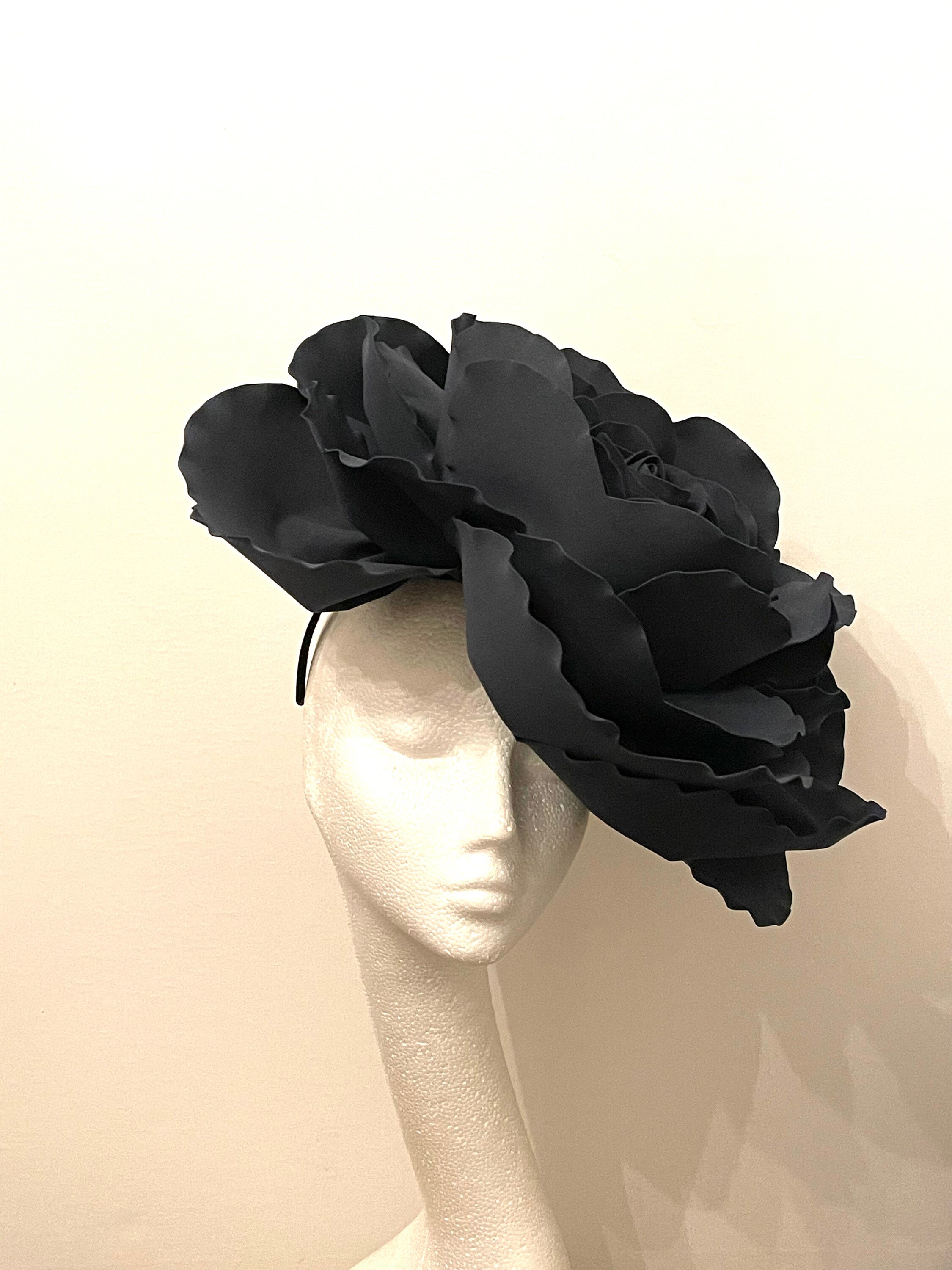 Large Black Flower Fascinator Hat, Giant Black Rose 