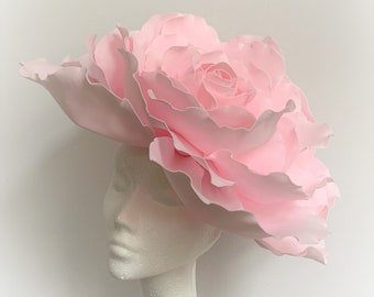 giant soft pink flower fascinator hat, pale pink Royal Ascot hat, large pink Kentucky Derby hat, large pale pink flower rose hat, large rose