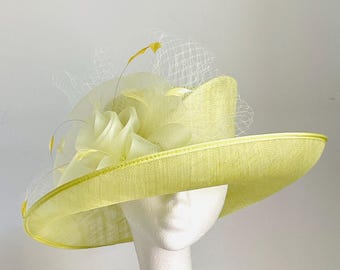 Lemon Yellow Royal Ascot hat, Yellow occasional hat, yellow mother of the bride hat, lemon yellow wide brim hat, yellow Kentucky Derby hat